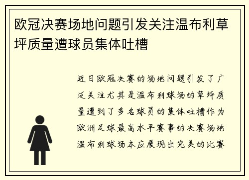 欧冠决赛场地问题引发关注温布利草坪质量遭球员集体吐槽